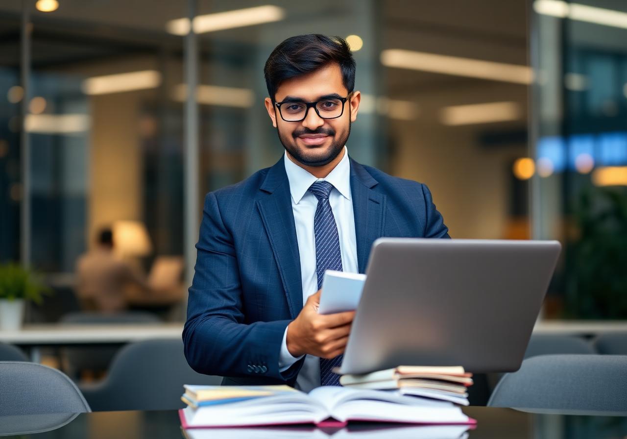Confident Indian banker studying with laptop and books