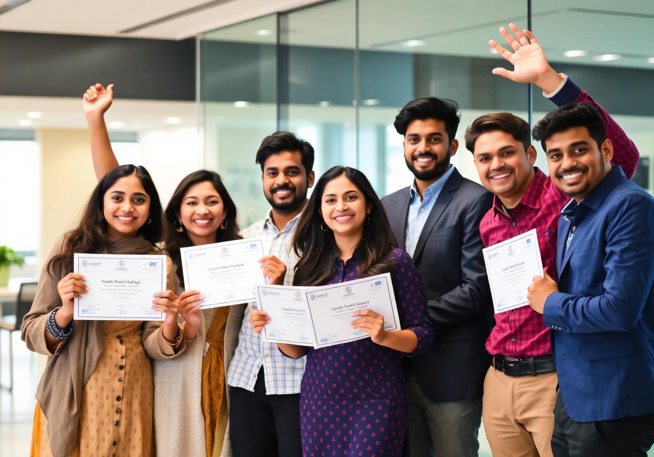 Group of Indian banking professionals celebrating exam success